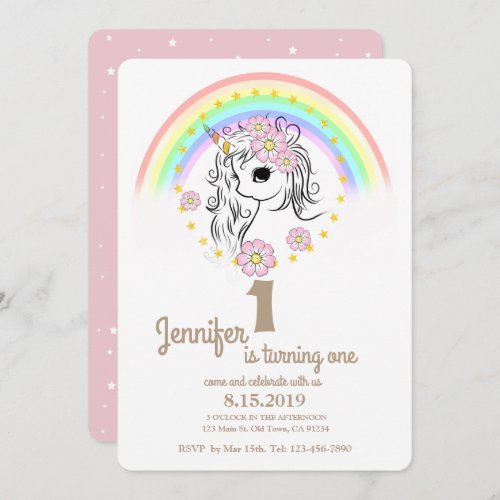 Pink Unicorn RainBow Girl 1st Birthday Cards
