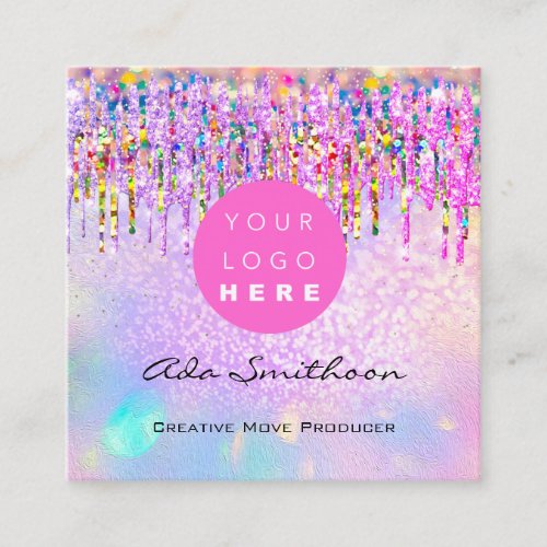 Pink Unicorn Rainbow Holograph Drips QR Code Logo  Square Business Card