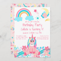 Pink Unicorn Rainbow Moon Stars Flowers Birthday Invitation