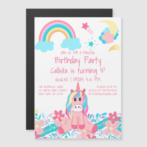 Pink Unicorn Rainbow Moon Stars Flowers Birthday Magnetic Invitation