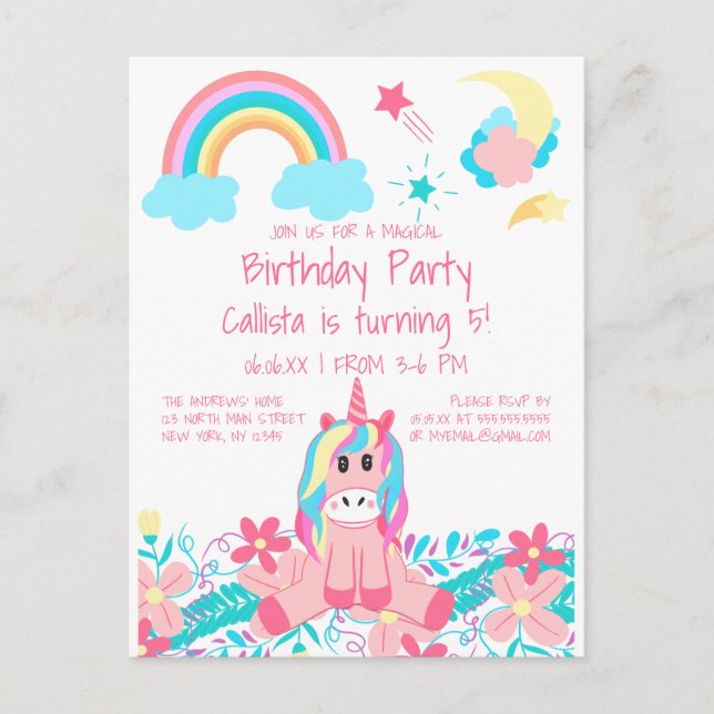Pink Unicorn Rainbow Moon Stars Flowers Birthday Postcard (Front)