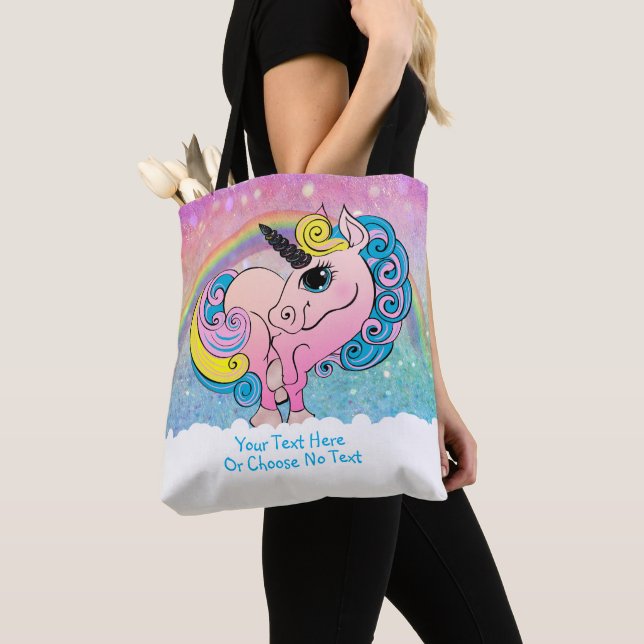 Pink Unicorn Rainbow Ombre Purple Blue Glitter Tote Bag (Close Up)