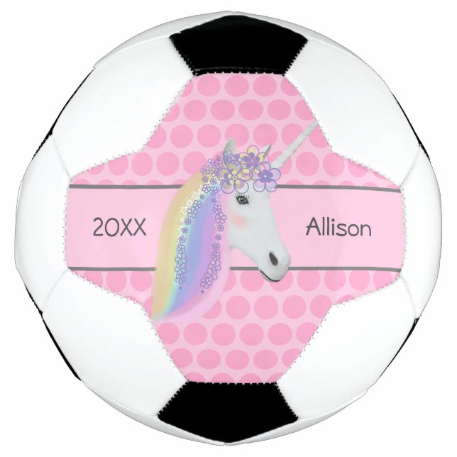 Pink Unicorn Rainbow Personalized Girls Soccer Ball (Front)
