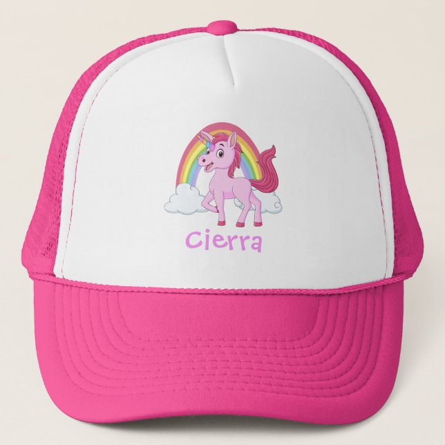 Pink Unicorn Rainbow Personalized Name Trucker Hat (Front)