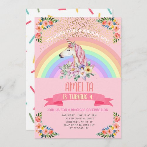 Pink Unicorn Rainbow Sparkles Floral Invitation