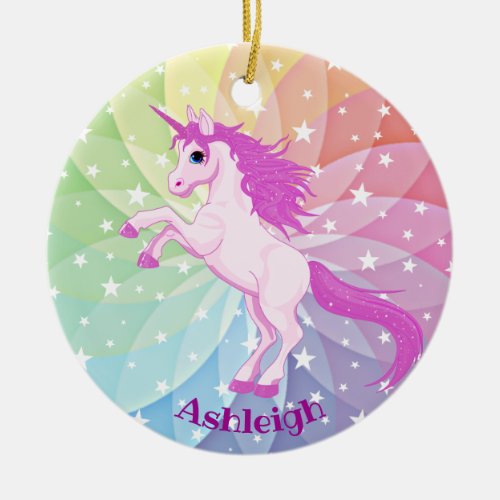  Pink Unicorn Rainbow Starburst Design  Ceramic Ornament