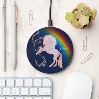 Pink Unicorn Rainbow Stars Sparkle Wireless Charger by AvenueCentral at Zazzle