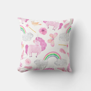 Pink Unicorn Rainbows Girly Magical Butterflies Throw Pillow