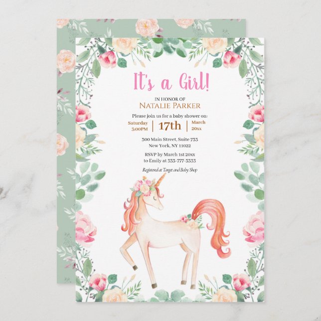 Pink Unicorn Rose Floral Greenery Girl Baby Shower Invitation (Front/Back)