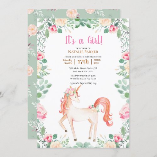 Pink Unicorn Rose Floral Greenery Girl Baby Shower Invitation