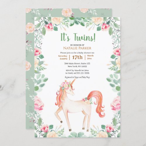 Pink Unicorn Rose Floral Greenery Twin Baby Shower Invitation