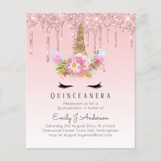 Pink Unicorn Rose Gold Drip Glitter QUINCEANERA (Front)