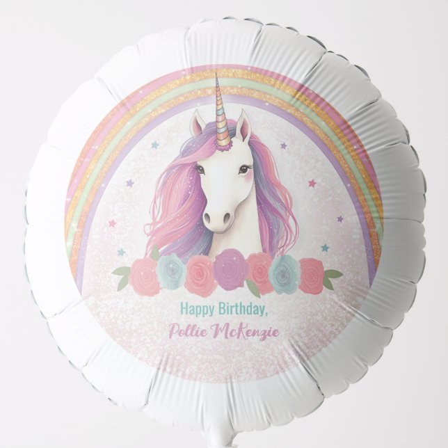 Pink Unicorn, Roses & Rainbow Birthday Party Balloon (Front)