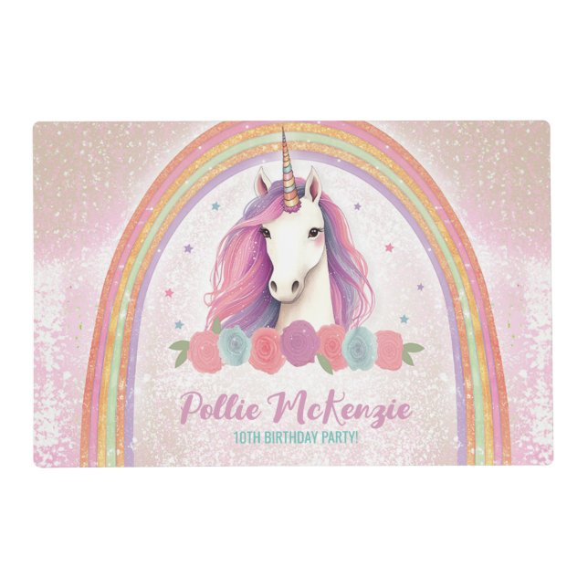 Pink Unicorn, Roses & Rainbow Birthday Party Placemat (Front)