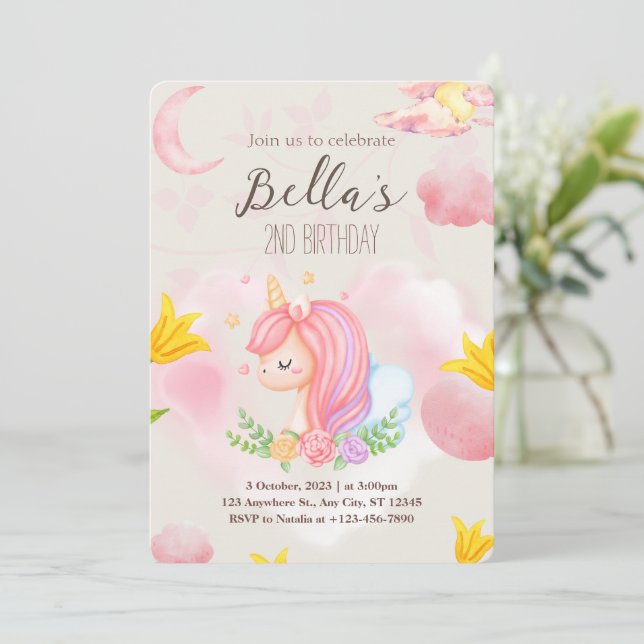 Pink Unicorn Second Birthday Invitation (Standing Front)