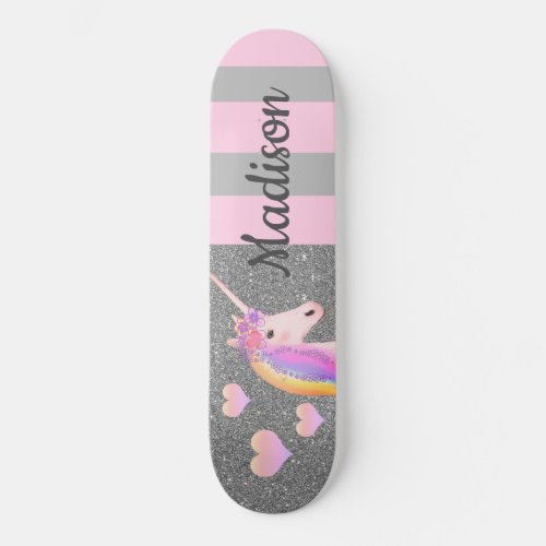 Pink Unicorn Silver Glitter Girls Personalized Skateboard