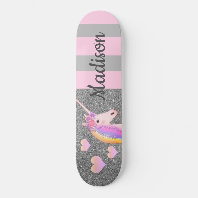 Pink Unicorn Silver Glitter Girls Personalized Skateboard (Front)