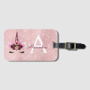 Pink  Unicorn Sparkle Princess Monogram Name Luggage Tag