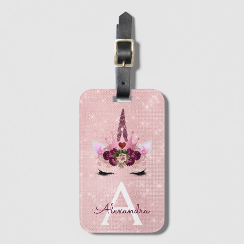Pink  Unicorn Sparkle Princess Monogram Name Luggage Tag