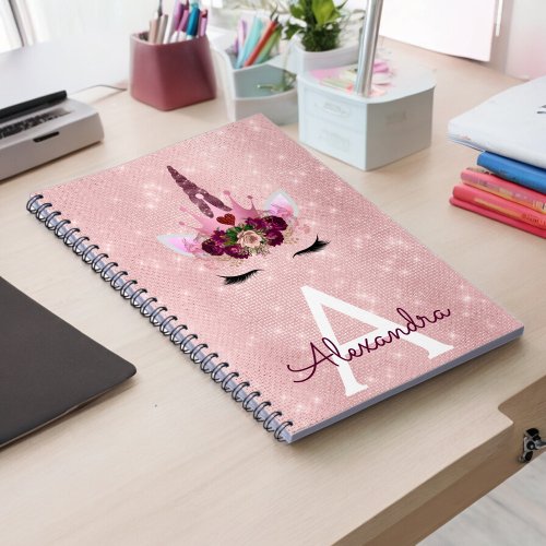Pink  Unicorn Sparkle Princess Monogram Name Notebook