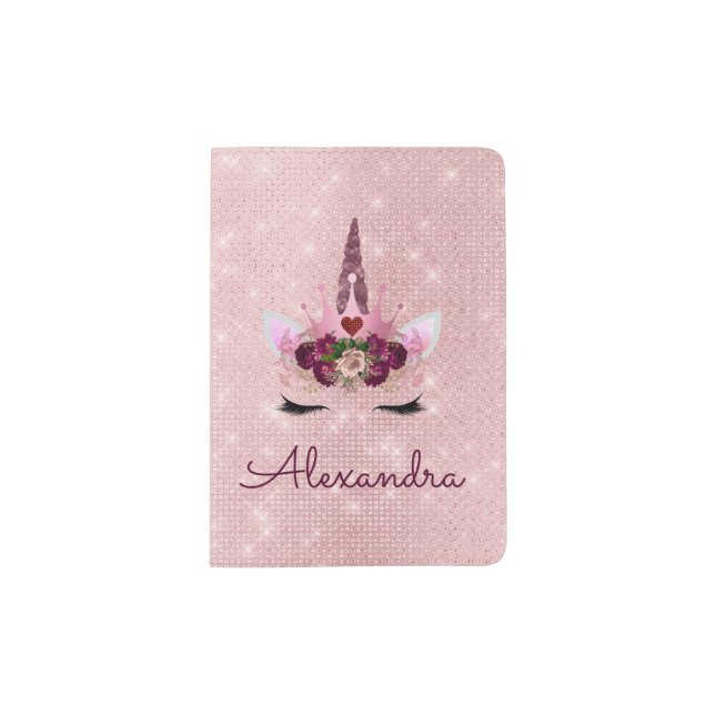 Pink  Unicorn Sparkle Princess Monogram Name Passport Holder (Front)
