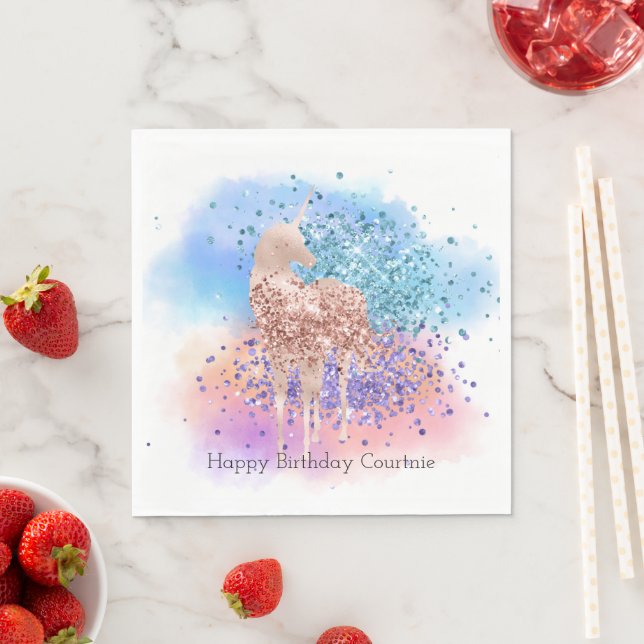Pink Unicorn Sparkle Purple Aqua Glitter Confetti  Napkins (Insitu)