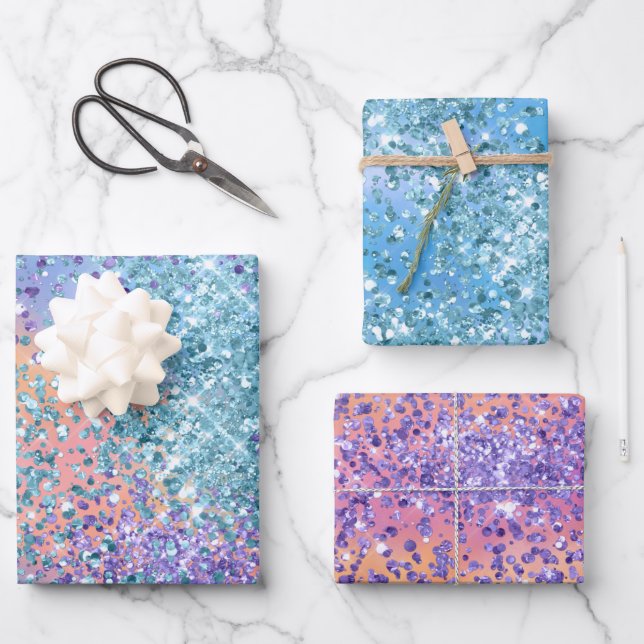 Pink Unicorn Sparkle Purple Aqua Glitter Confetti  Wrapping Paper Sheets (Front)