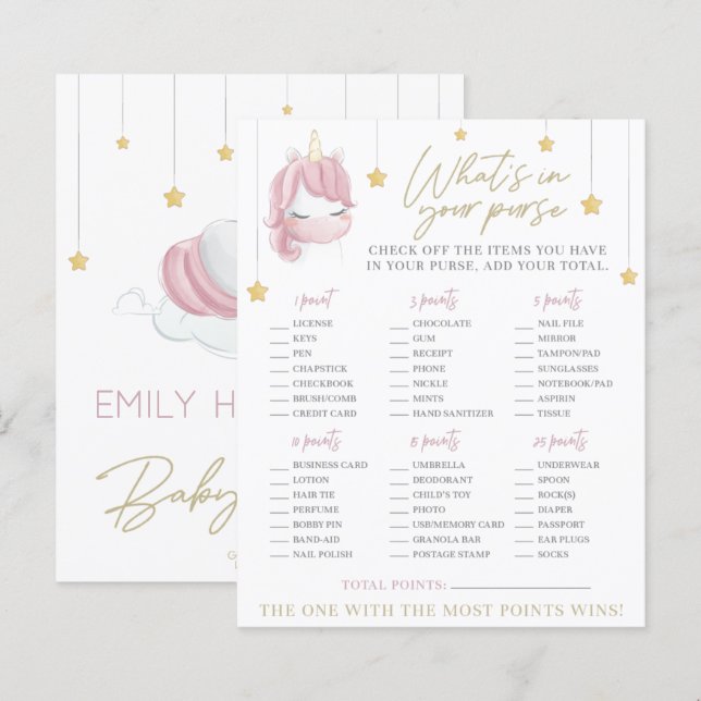 Pink Unicorn Stars Baby Shower Purse Game (Front/Back)