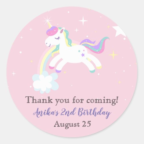 Pink Unicorn Stars Rainbow Glitter Girls Birthday Classic Round Sticker