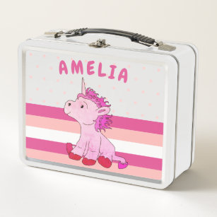 Pink Unicorn Stripes Polka Dot Girl  Metal Lunch Box