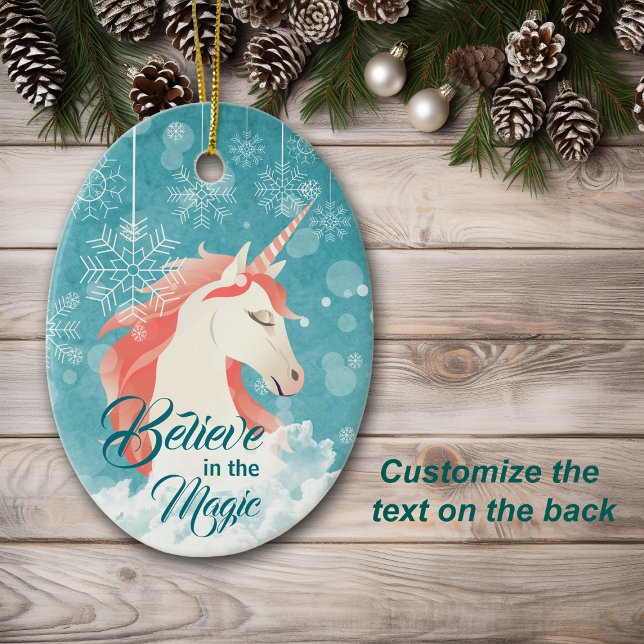 Pink Unicorn Teal Snowflake Believe Christmas Ceramic Ornament (Creator Uploaded)