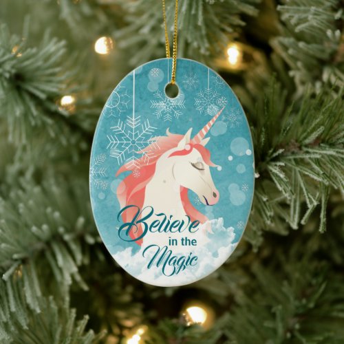 Pink Unicorn Teal Snowflake Believe Christmas Ceramic Ornament
