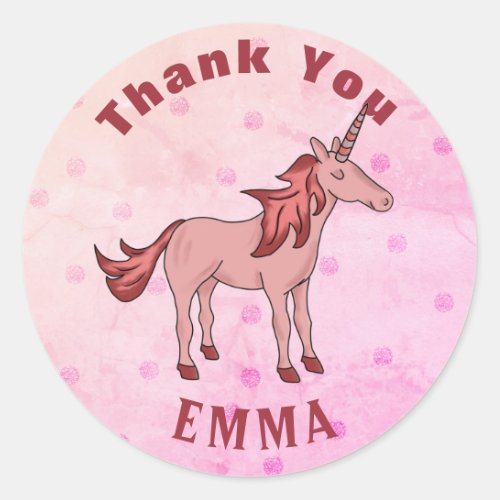 Pink Unicorn Thank You Name Classic Round Sticker