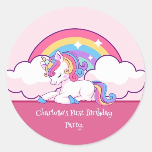 Pink Unicorn Themed Birthday Party favors Classic Round Sticker