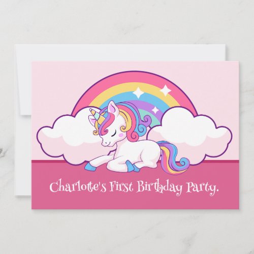 Pink Unicorn Themed Birthday Party Invite
