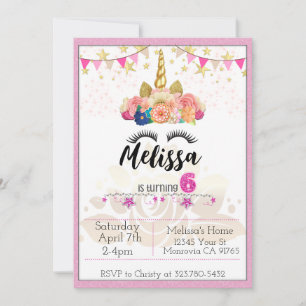 Pink Unicorn turning 6 Birthday party invitation