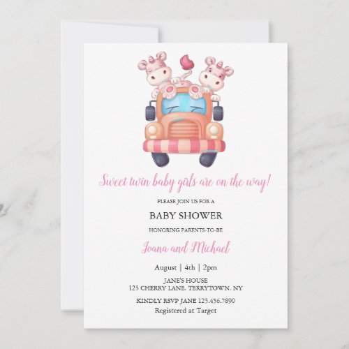 Pink Unicorn Twin Girls Baby Shower  Invitation
