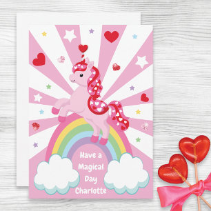 Pink Unicorn Valentine’s Day Kids Classroom Flat Holiday Card