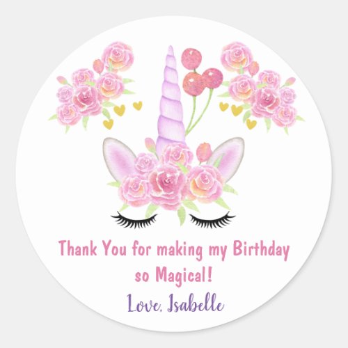 Pink Unicorn Watercolor Florals Thank You Birthday Classic Round Sticker