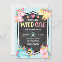 Pink Unicorn Wild One 1st Birthday Party Invitation