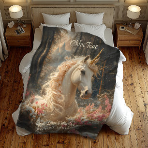 Pink Unicorn Winter Castle Fairytale Woodland Fleece Blanket
