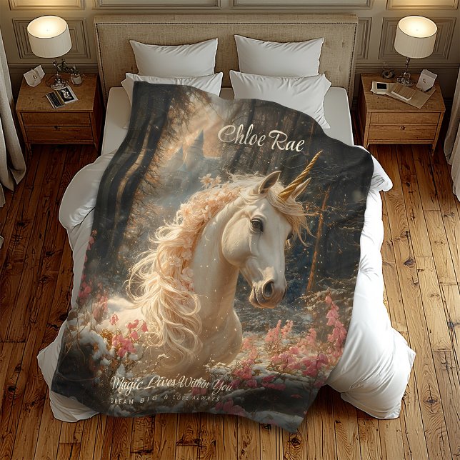 Pink Unicorn Winter Castle Fairytale Woodland Fleece Blanket (Creator Uploaded)