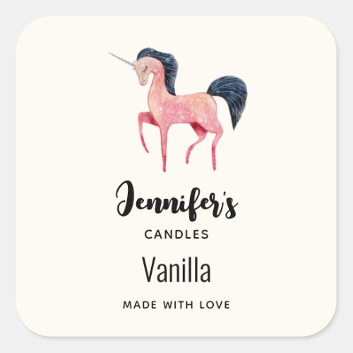 Pink Unicorn with Black Mane Candle Business Square Sticker