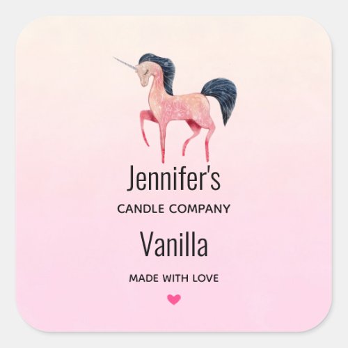 Pink Unicorn with Black Mane Candle Business Square Sticker
