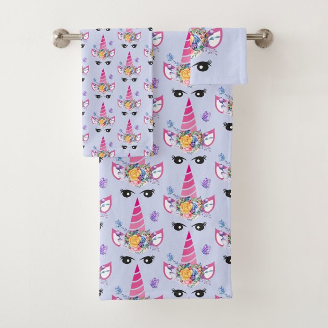 Pink Unicorn with Floral Crown & Butterflies Bath Towel Set (Insitu)