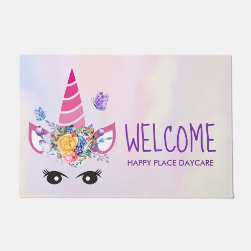 Pink Unicorn with Floral Crown  Butterflies Doormat