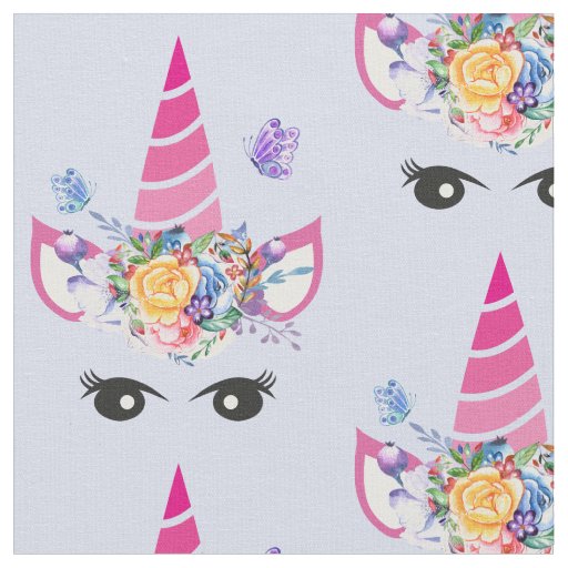Pink Unicorn with Floral Crown & Butterflies Fabric