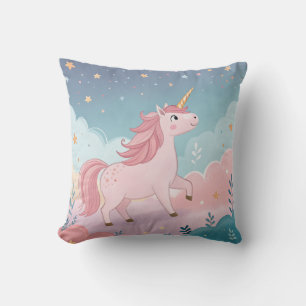 Pink Unicorn with Golden Horn – Pastel Clouds Throw Pillow