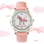 Pink Unicorn with Name Personalizable Watch<br><div class="desc">The design has a pink sleeping unicorn with a beautiful mane and a tale. There is a name on the watch,  that you can personalize. 
This watch is great for girls who like unicorns. It`s a digital drawing.</div>
