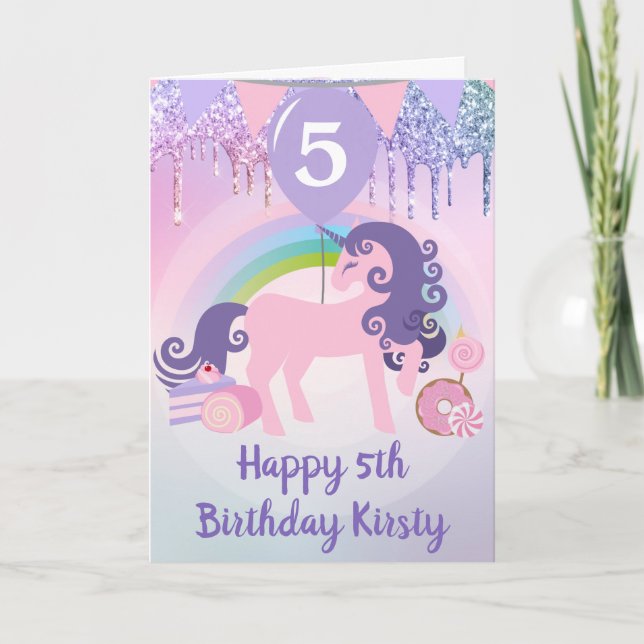 Pink Unicorn with Rainbow and Candy 5th Birthday Card (Front)